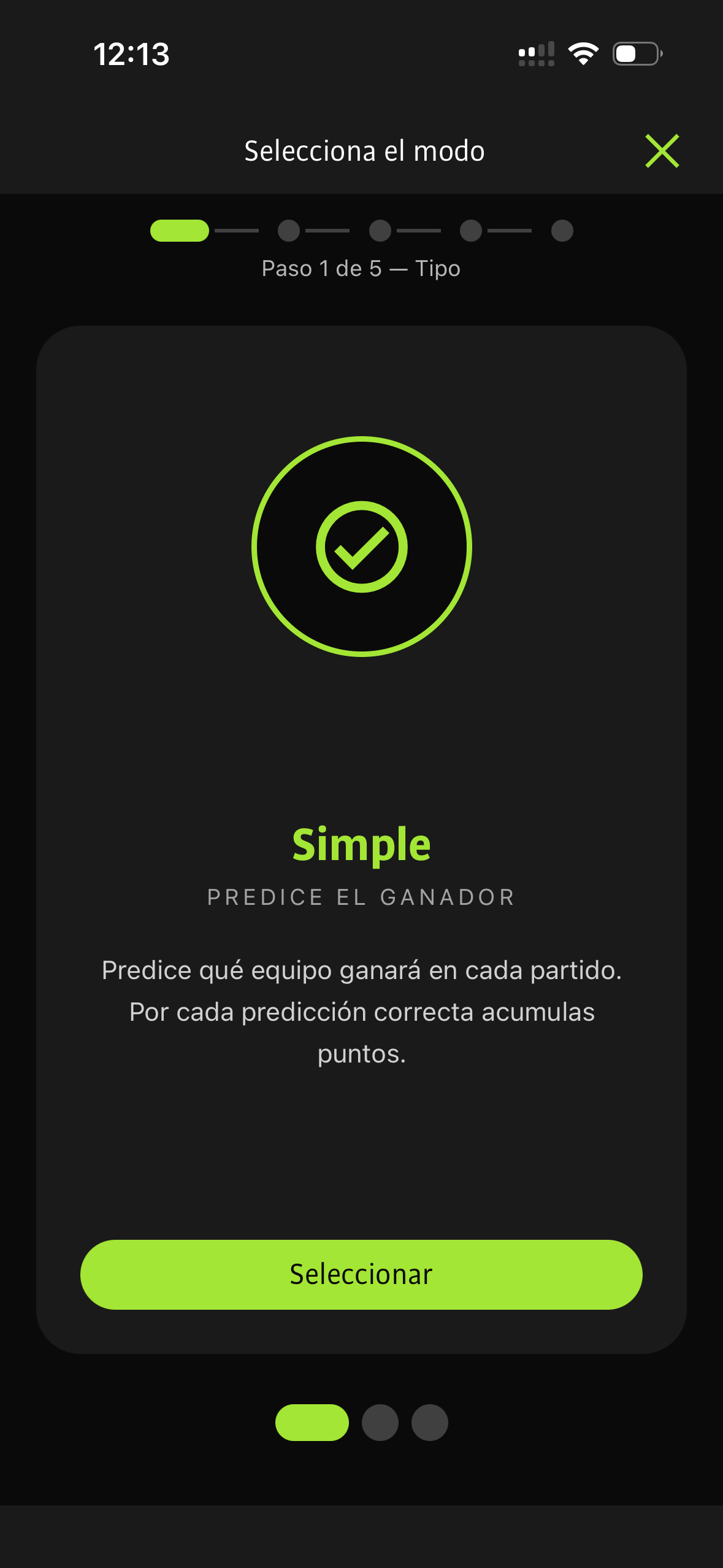 Mode selection screen in the Quinielero app